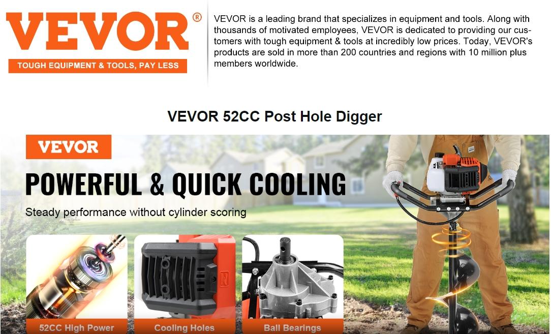 【Summerfinds】VEVOR Post Hole Digger 52cc 1450W Auger Post Hole diggerGas Powered Earth Digger with Two Earth Auger Drill Bit 6" & 10" and 3 Extension Rodsfor FarmlandGarden and PlantEPA certification 【Summerfinds】VEVOR Post Hole Digger 52cc 1450W Auger Post Hole diggerGas Powered Earth Digger with Two Earth Auger Drill Bit 6" & 10" and 3 Extension Rodsfor FarmlandGarden and PlantEPA certification