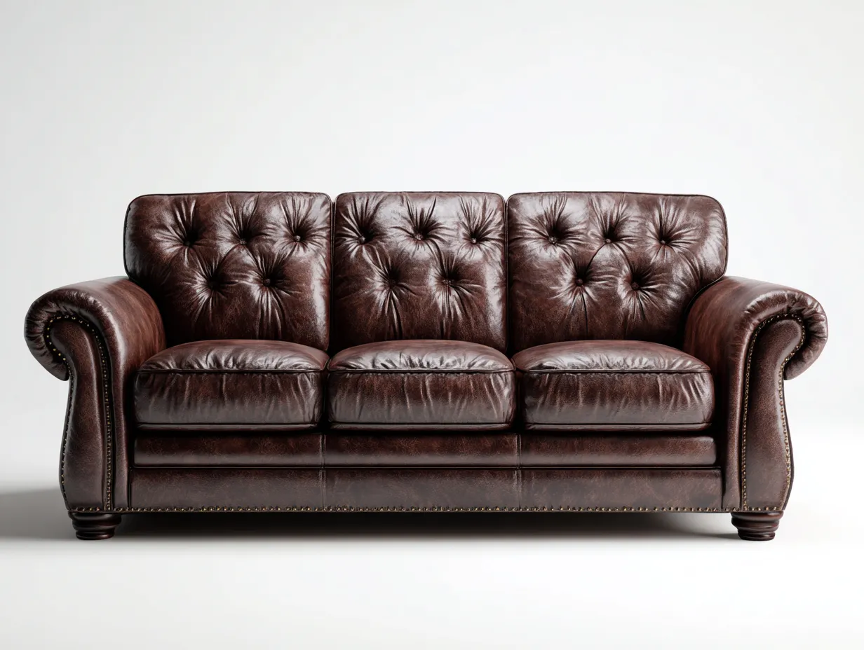 Canapé 3 places - cuir-bois - 212 x 94 x 86 cm - marron - style classique capitonné-Oakgohome