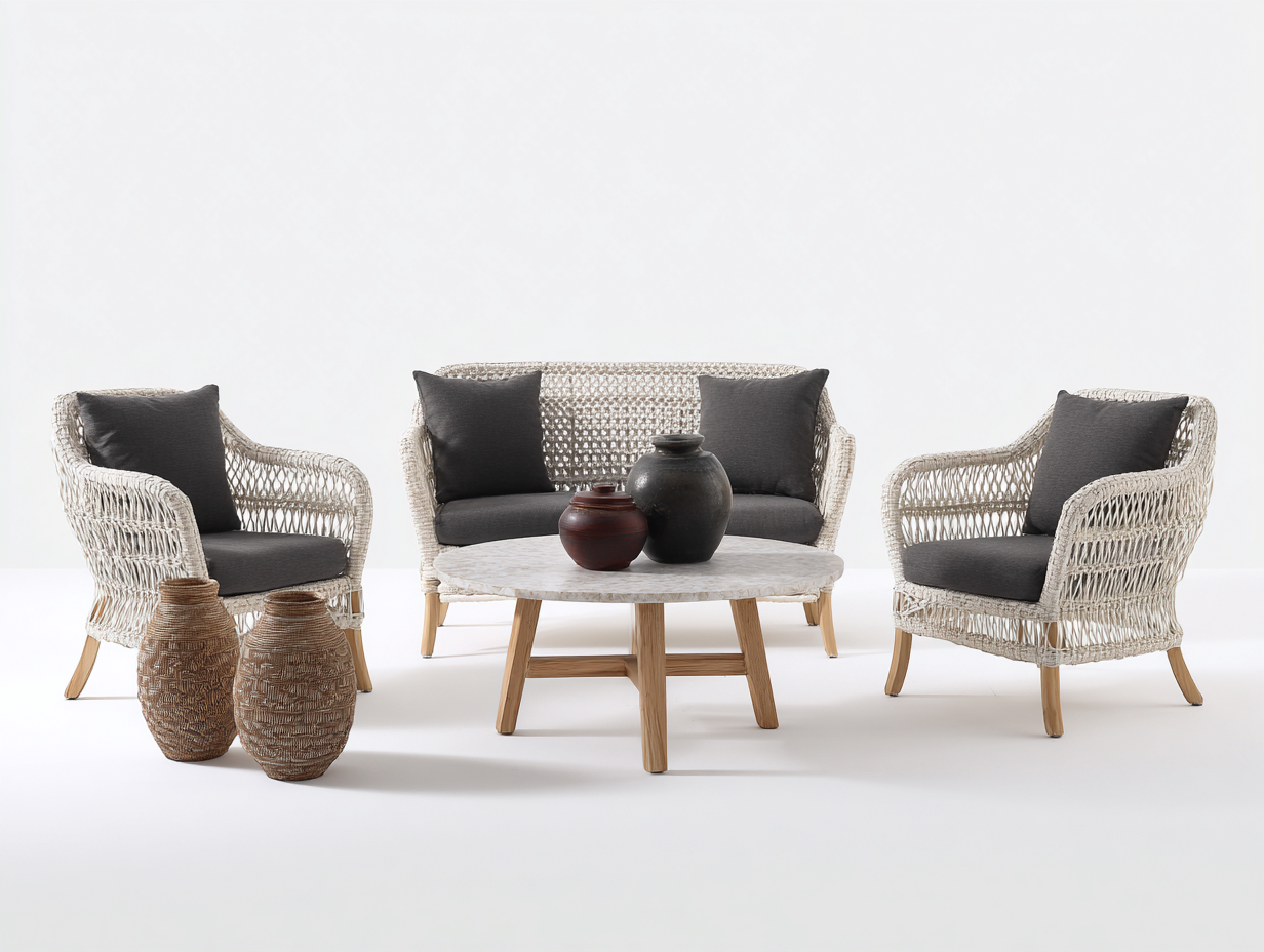 Canapé de jardin - corde-bois-tissu-pierre - 156 x 74 x 83 cm - blanc cassé-gris foncé-bois naturel - style moderne-Cottahome