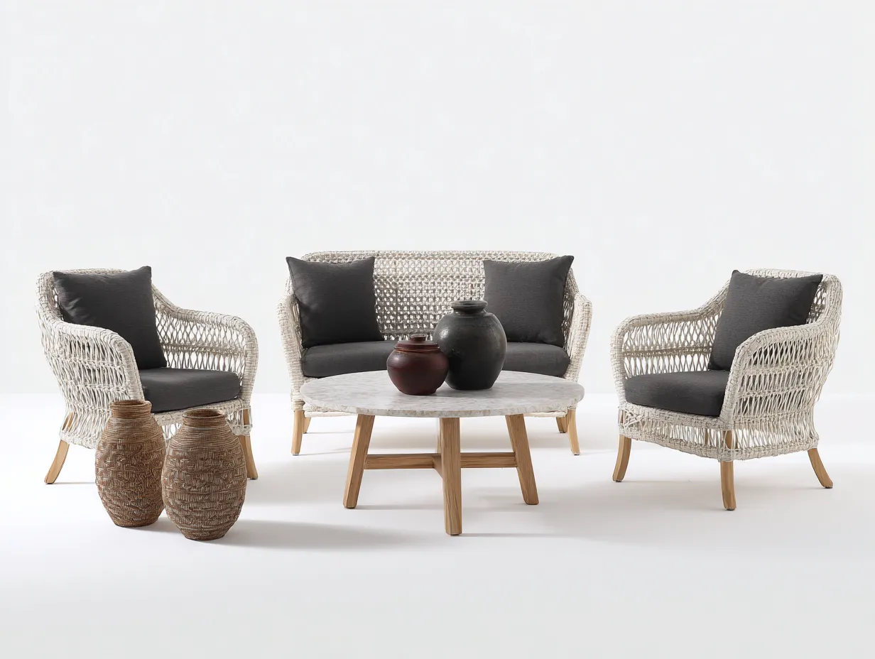 Canapé de jardin - corde-bois-tissu-pierre - 156 x 74 x 83 cm - blanc cassé-gris foncé-bois naturel - style moderne-Cottahome