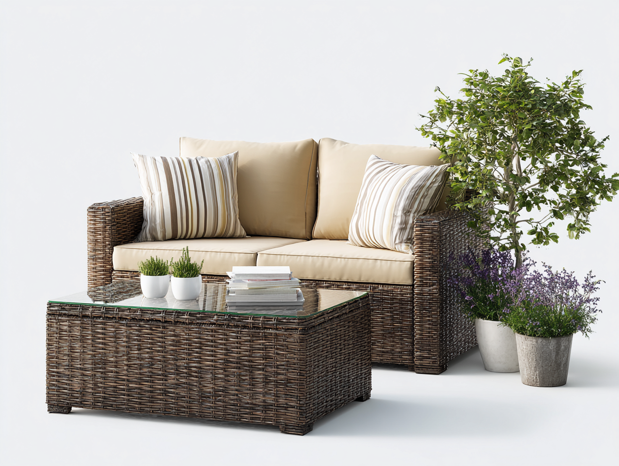 Canapé de jardin - résine tressée-verre-tissu - 168 x 82 x 84 cm - beige-brun foncé - style moderne-Cottahome