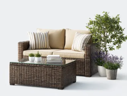 Canapé de jardin - résine tressée-verre-tissu - 168 x 82 x 84 cm - beige-brun foncé - style moderne-Cottahome