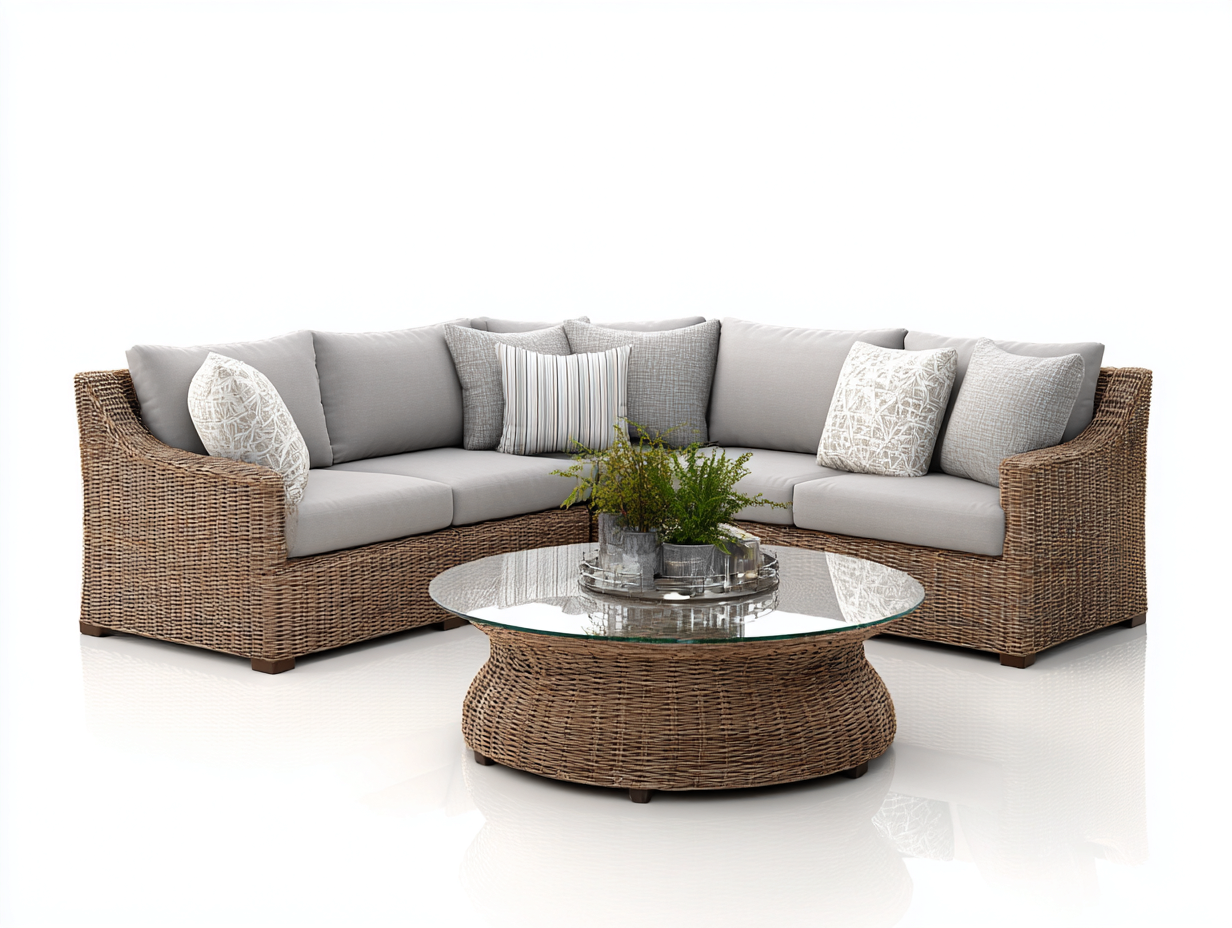 Canapé de jardin - résine tressée-verre-tissu - 248 x 248 x 84 cm - gris clair-brun naturel - style moderne-Cottahome