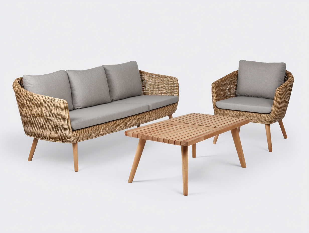 Canapé de jardin - résine tressée-bois-tissu - 182 x 78 x 82 cm - gris clair-brun naturel - style moderne-Cottahome