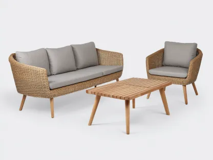 Canapé de jardin - résine tressée-bois-tissu - 182 x 78 x 82 cm - gris clair-brun naturel - style moderne-Cottahome