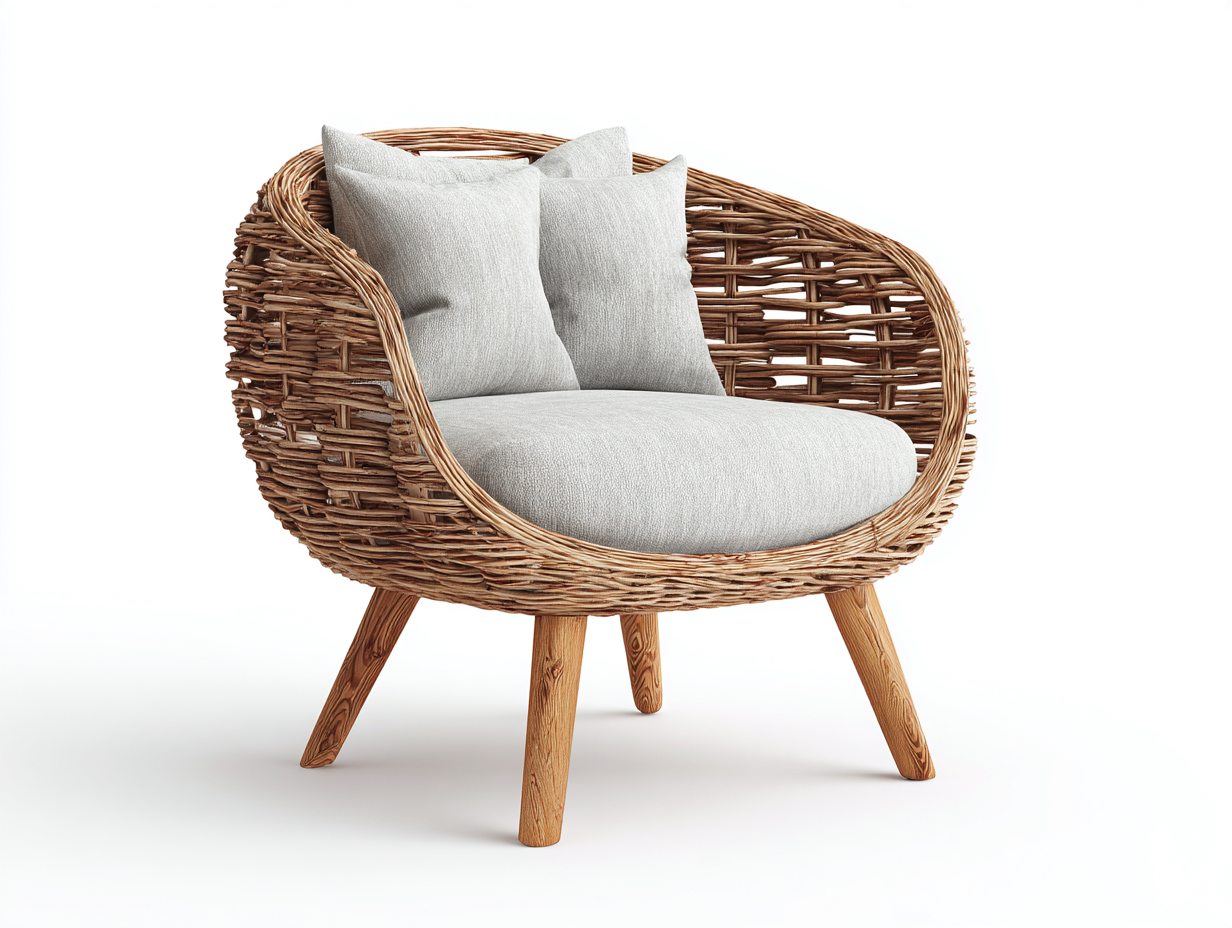 Fauteuil en rotin - rotin-bois-tissu - 74 x 69 x 80 cm - naturel-gris clair - style bohème-Cottahome