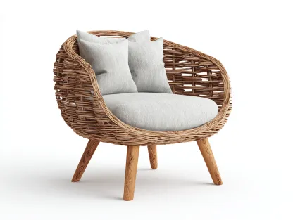 Fauteuil en rotin - rotin-bois-tissu - 74 x 69 x 80 cm - naturel-gris clair - style bohème-Cottahome