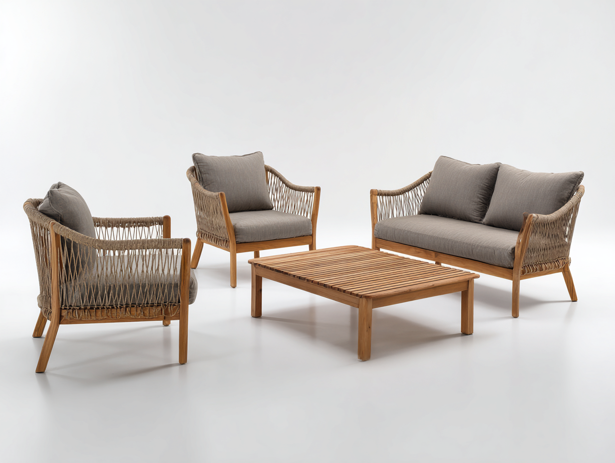 Canapé de jardin - bois-corde-tissu - 148 x 76 x 81 cm - gris-brun naturel - style moderne-Cottahome