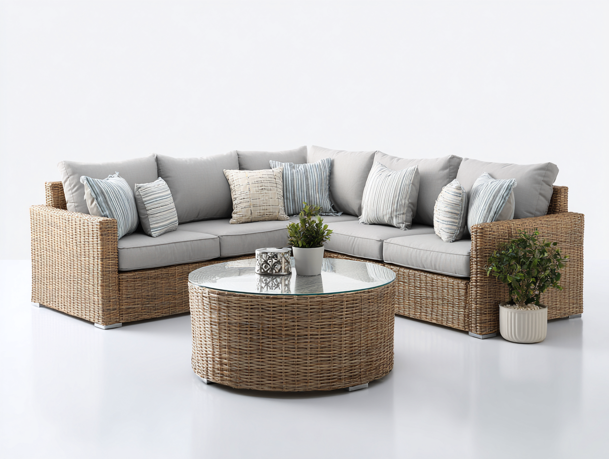 Canapé de jardin - résine tressée-verre-tissu - 256 x 256 x 85 cm - gris clair-brun naturel - style moderne-Cottahome
