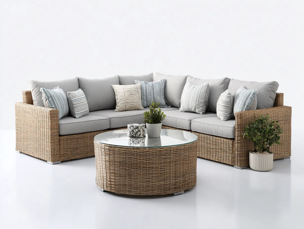 Canapé de jardin - résine tressée-verre-tissu - 256 x 256 x 85 cm - gris clair-brun naturel - style moderne-Cottahome