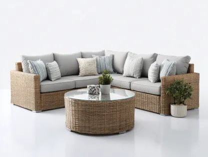 Canapé de jardin - résine tressée-verre-tissu - 256 x 256 x 85 cm - gris clair-brun naturel - style moderne-Cottahome