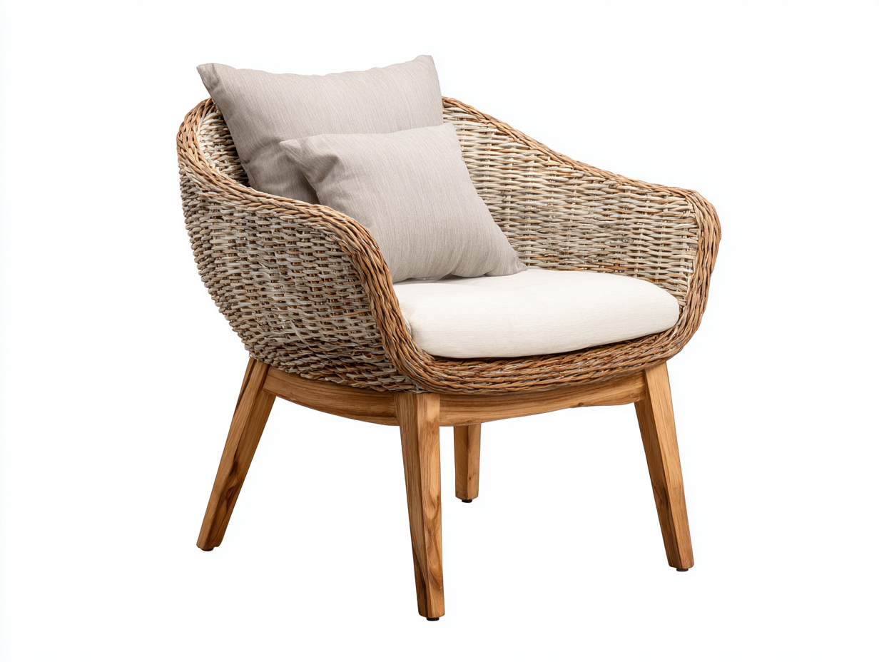Fauteuil en rotin - rotin-bois-tissu - 68 x 62 x 82 cm - naturel-beige - style bohème-Cottahome