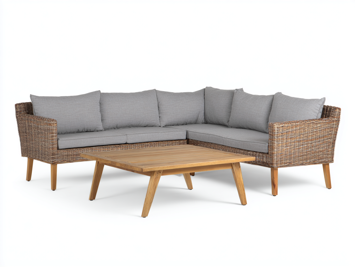 Canapé de jardin - résine tressée-bois-tissu - 235 x 178 x 79 cm - gris clair-brun naturel - style moderne-Cottahome
