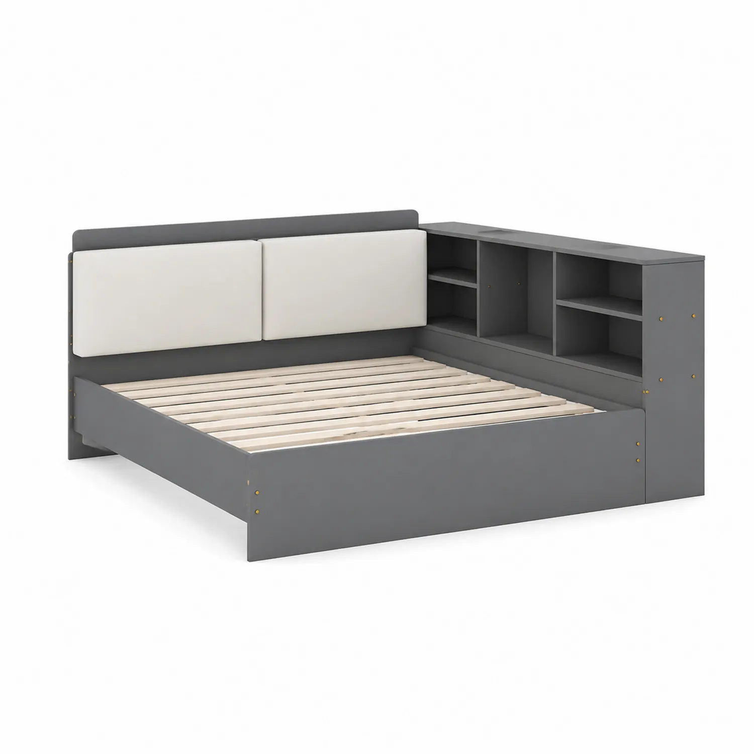 Lit en bois avec rangement et coussins en tissu