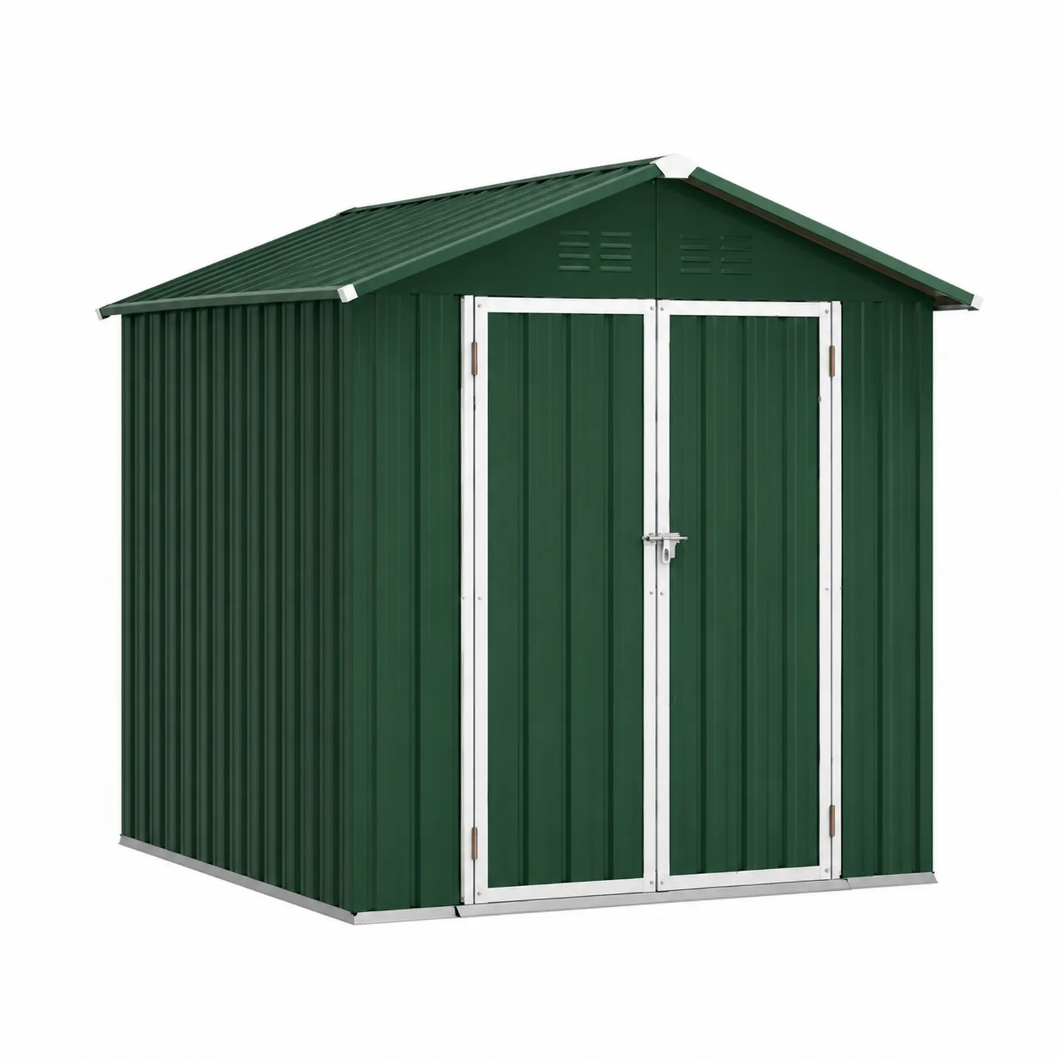 Abri de jardin en métal vert avec double porte et toit en pente