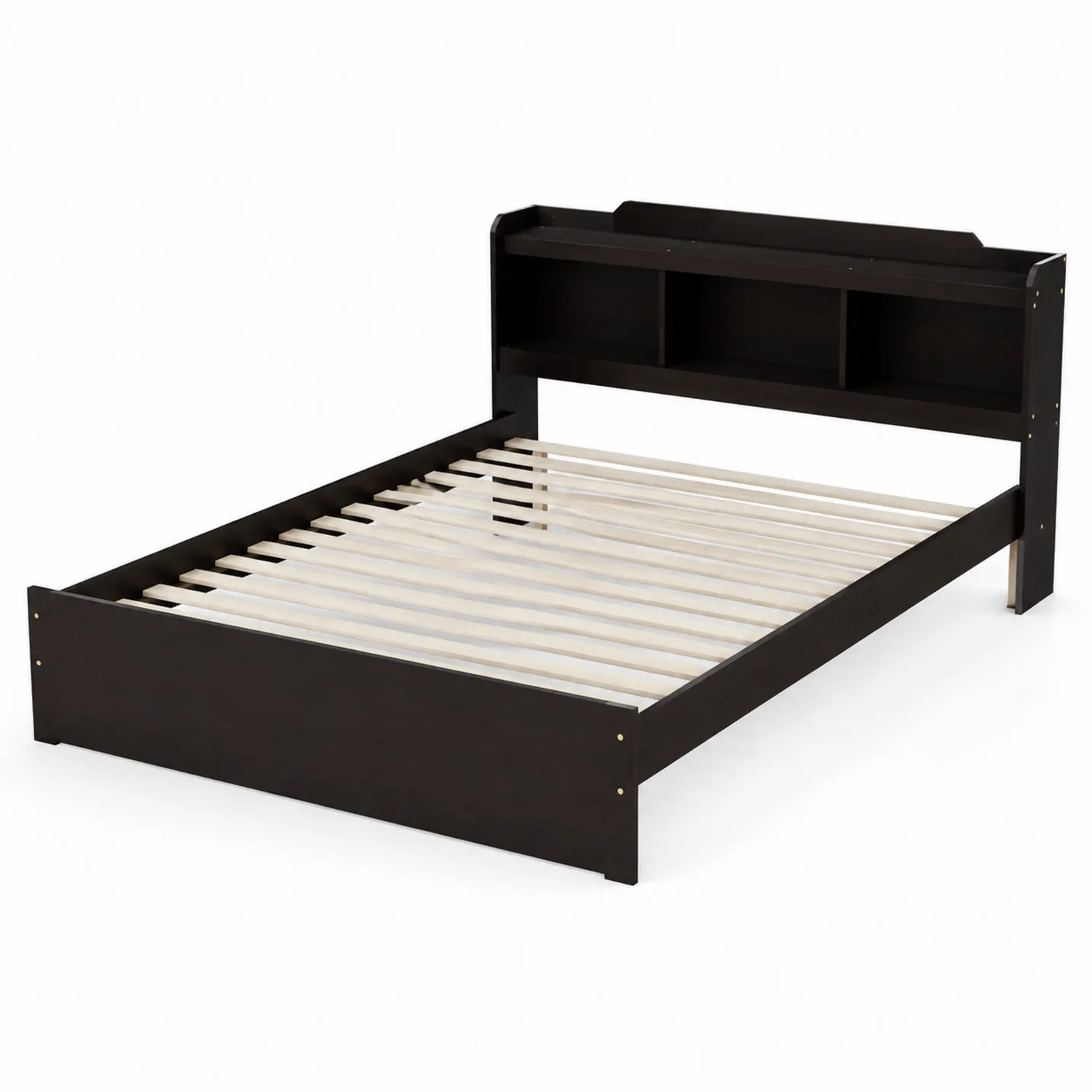 Lit plateforme en bois avec étagère de rangement