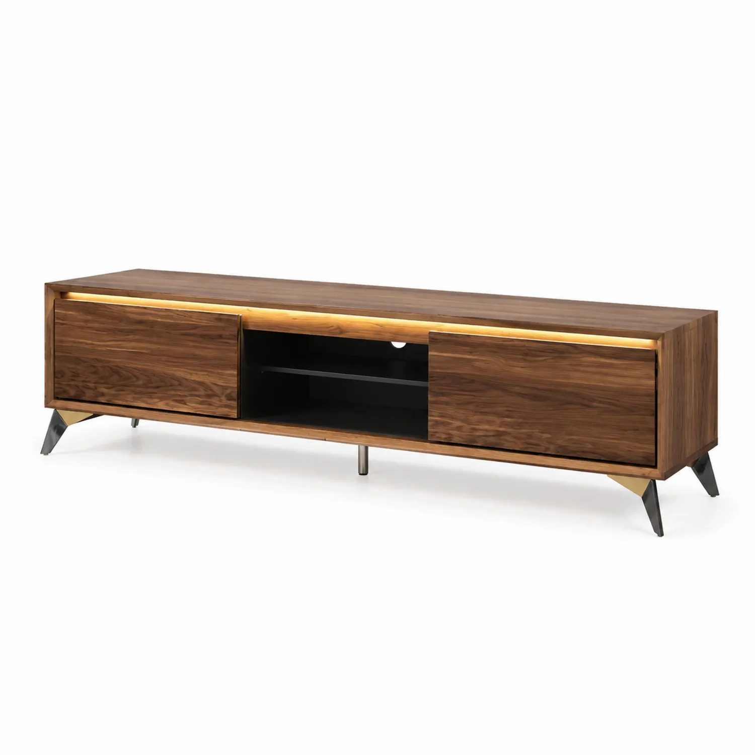 Meuble TV en bois de noyer avec pieds en métal chromé, 180 cm