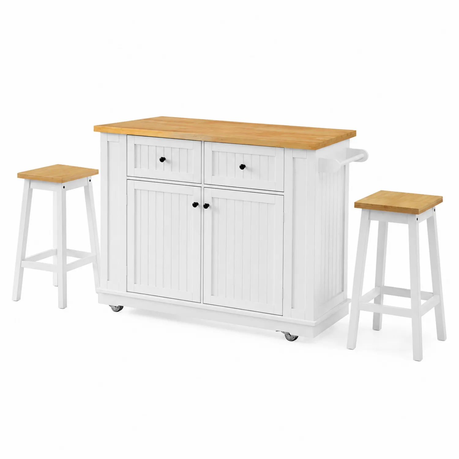 Îlot de cuisine avec tabourets en bois blanc et naturel