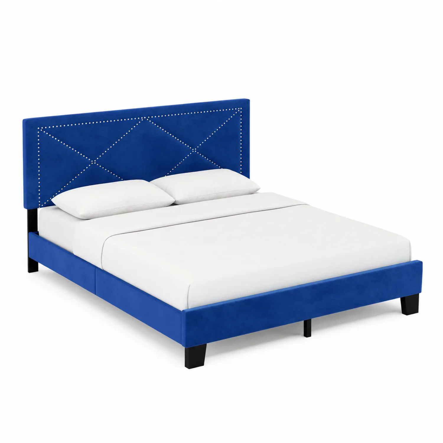 Lit double en velours bleu avec tête de lit matelassée et clous