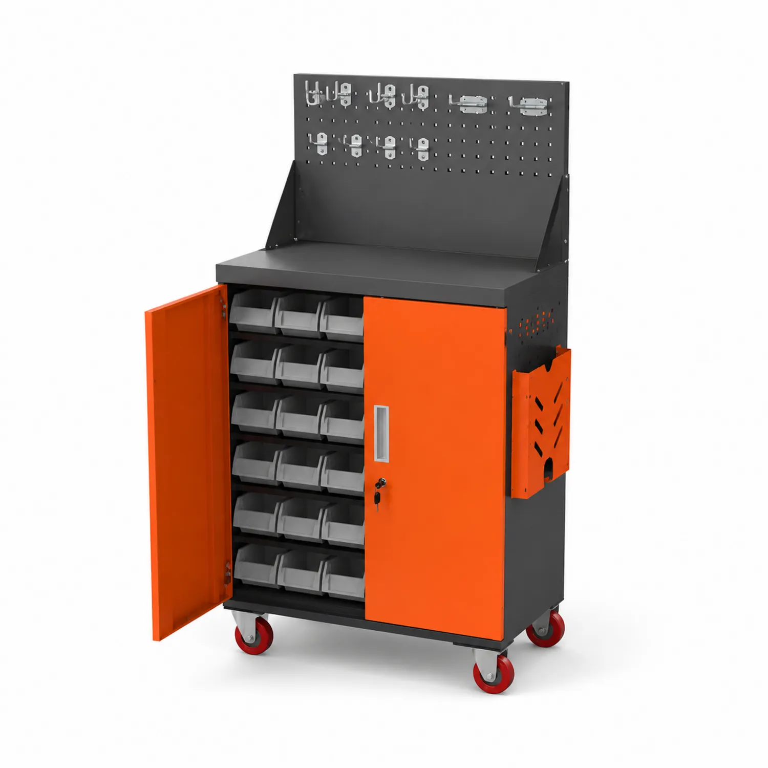 Armoire à outils roulante en acier avec bacs et panneau perforé