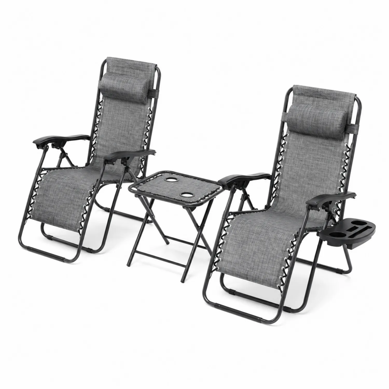 Ensemble de chaises longues pliantes avec table en acier et polyester gris