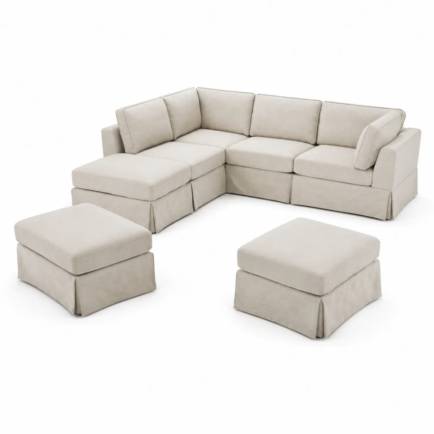 Canapé d'angle modulaire en tissu avec poufs - Beige