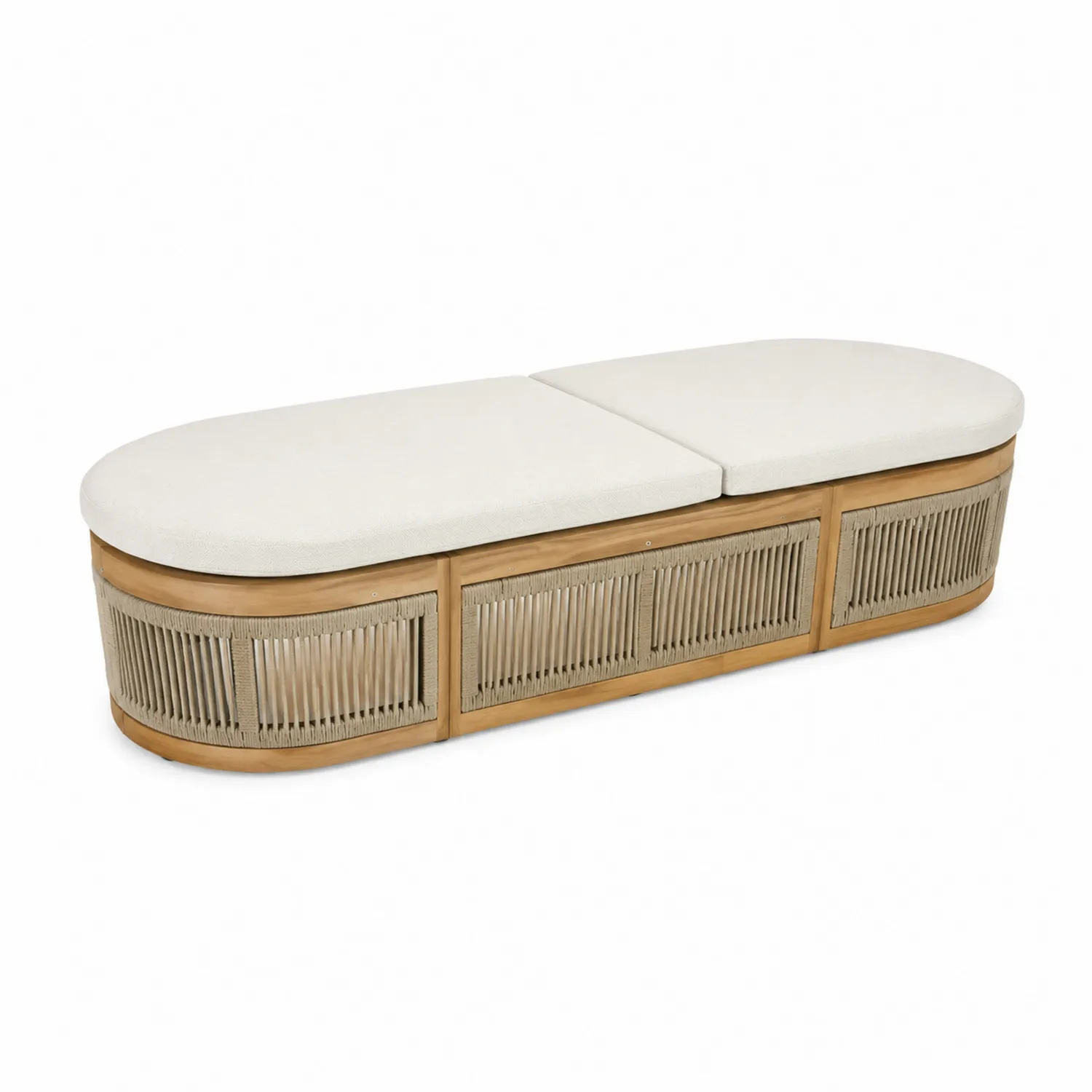 Banc en bois et corde avec coussin crème 200x60x45cm
