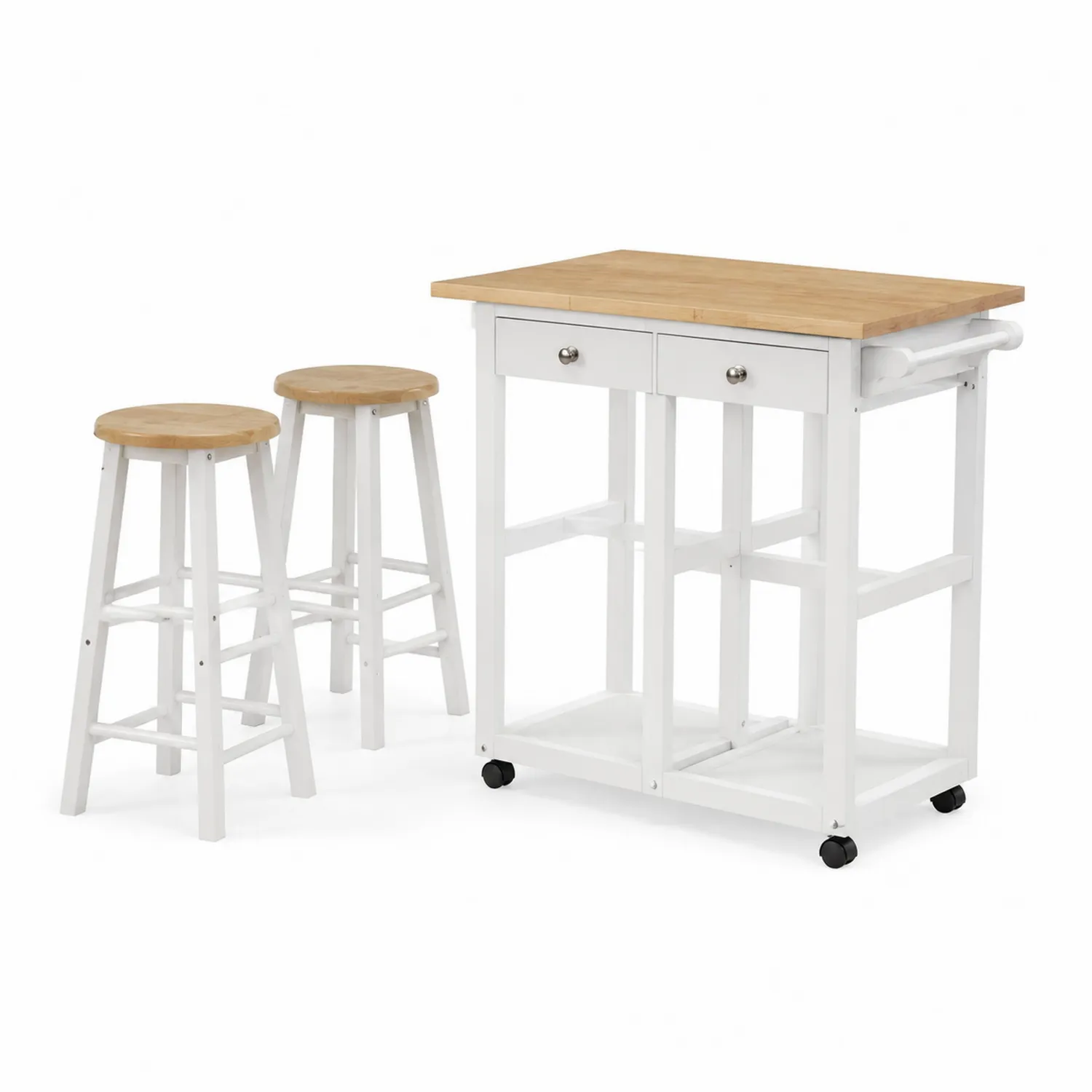 Îlot de cuisine avec tabourets en bois blanc et naturel