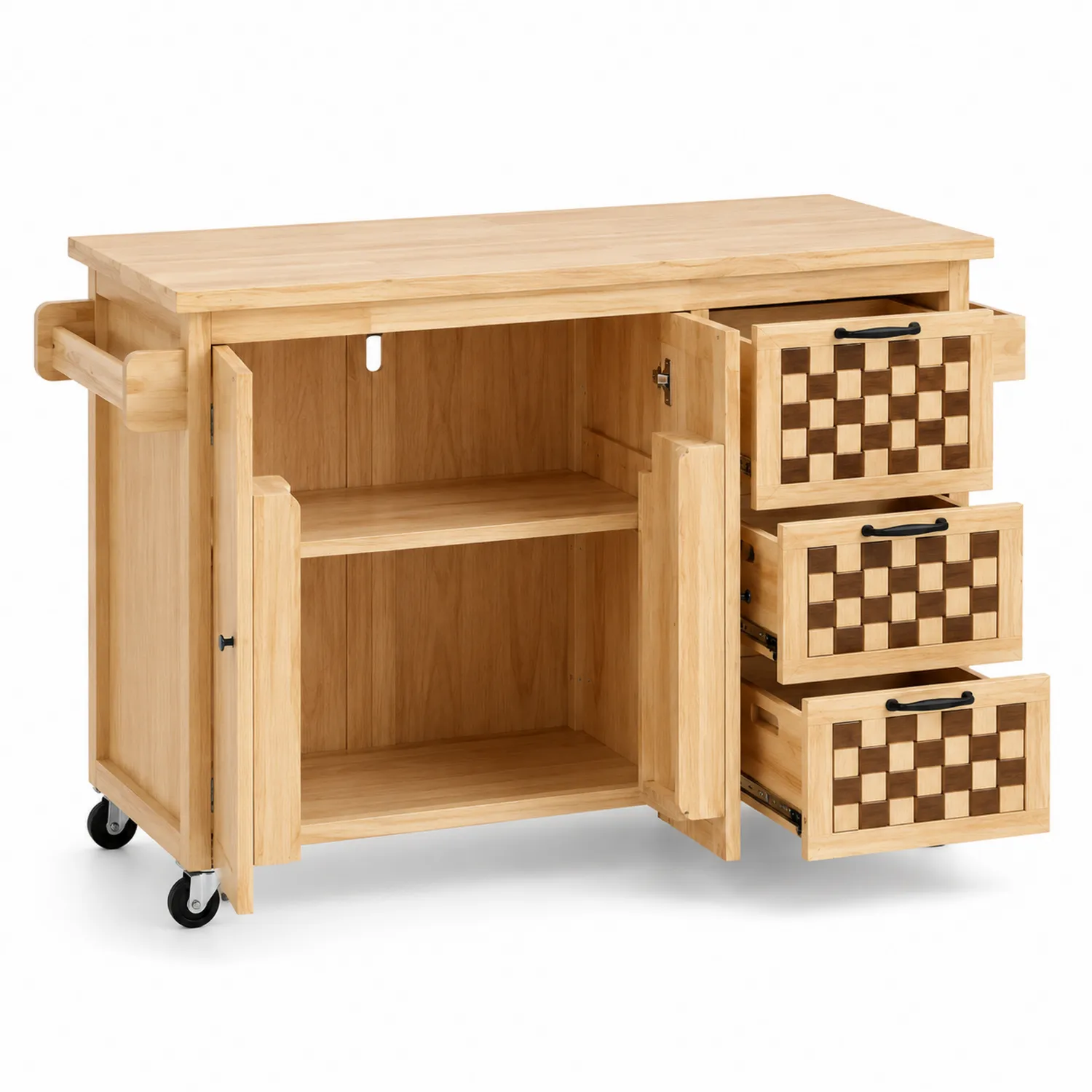 Carrello Cucina in Legno di Betulla con Cassetti a Scacchi