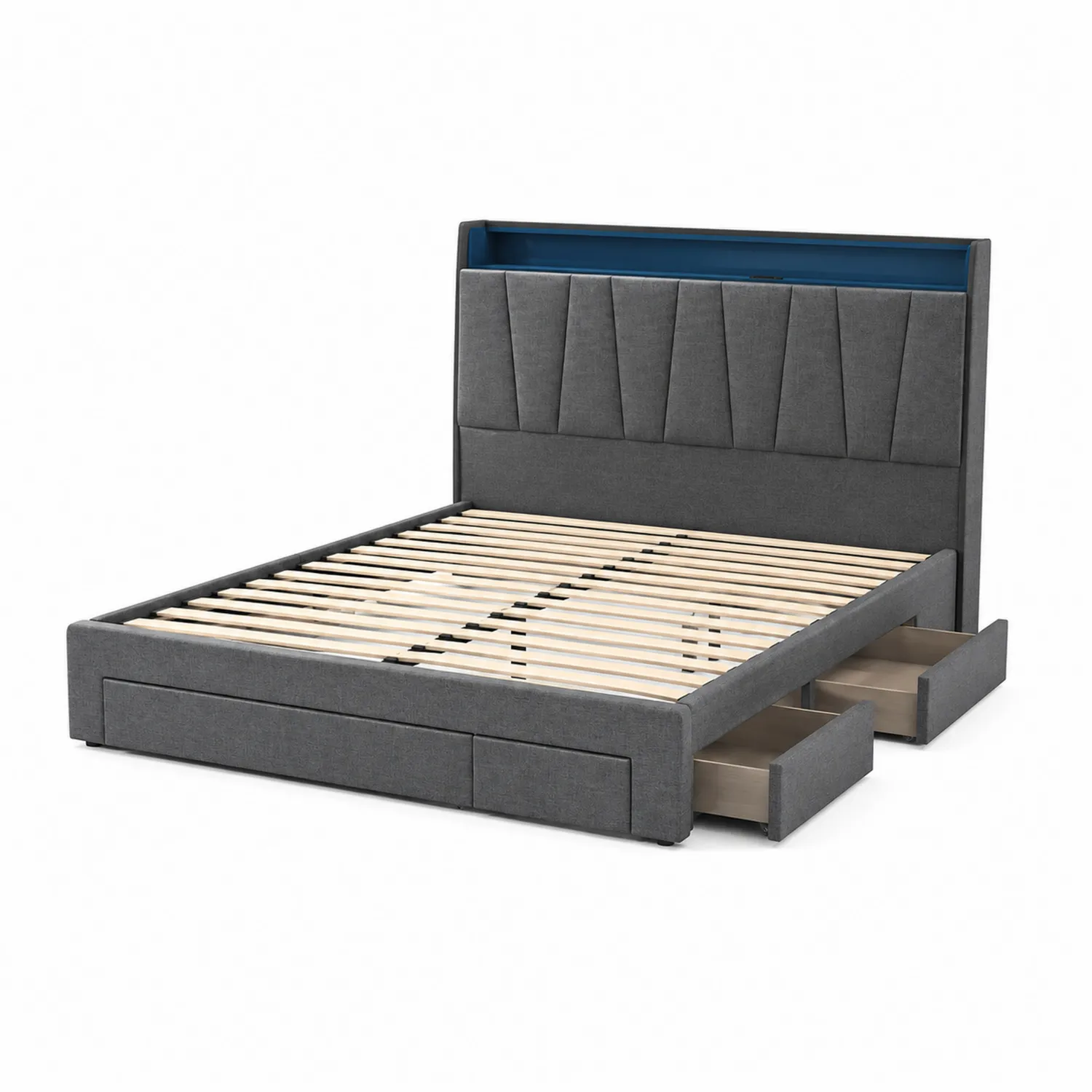 Letto matrimoniale in tessuto grigio con contenitore e cassetti