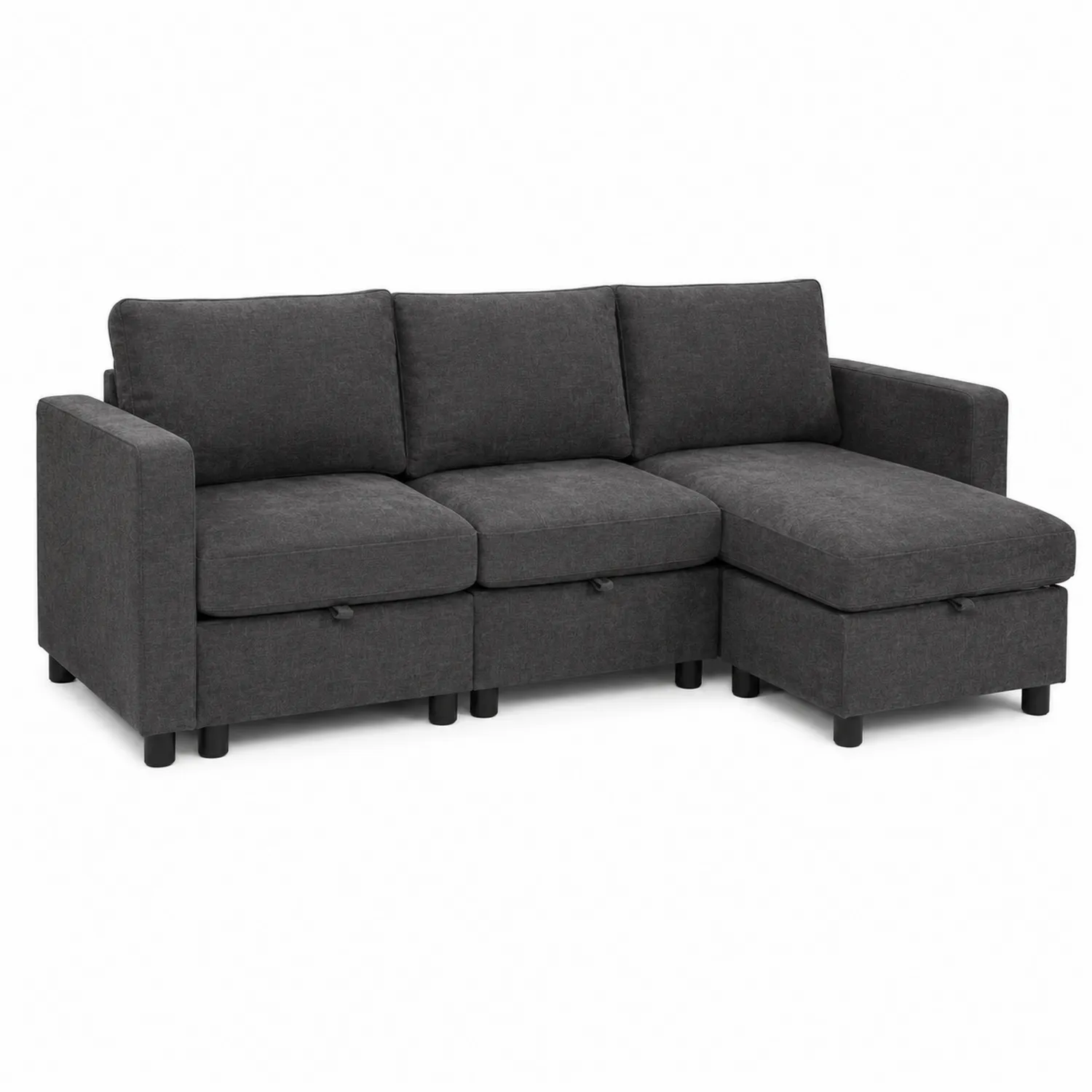 Divano angolare modulare in tessuto grigio scuro con chaise longue