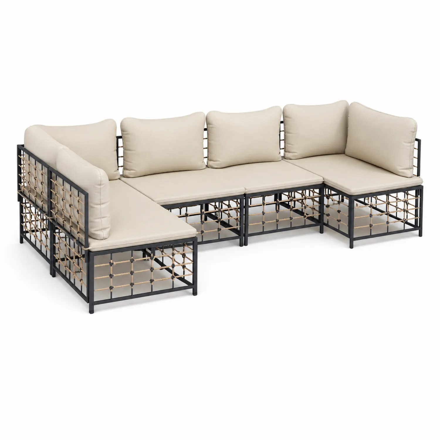 Set Divano Angolare da Giardino in Metallo e Rattan con Cuscini Beige
