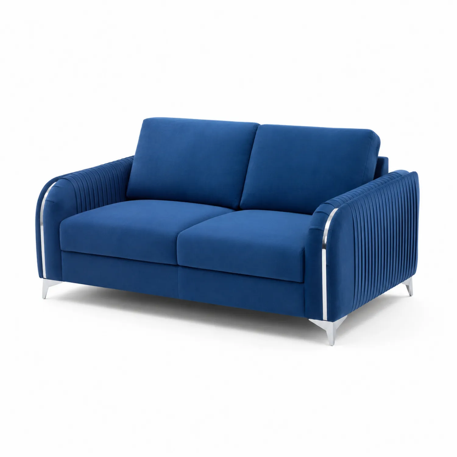 Divano in velluto blu a due posti con gambe in metallo