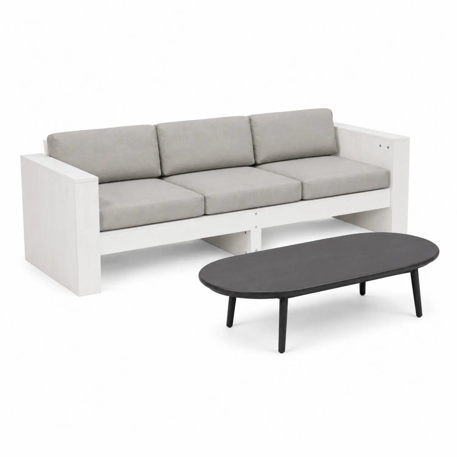 Set Divano da Esterno in Legno Bianco con Cuscini in Tessuto Grigio e Tavolino MDF Nero