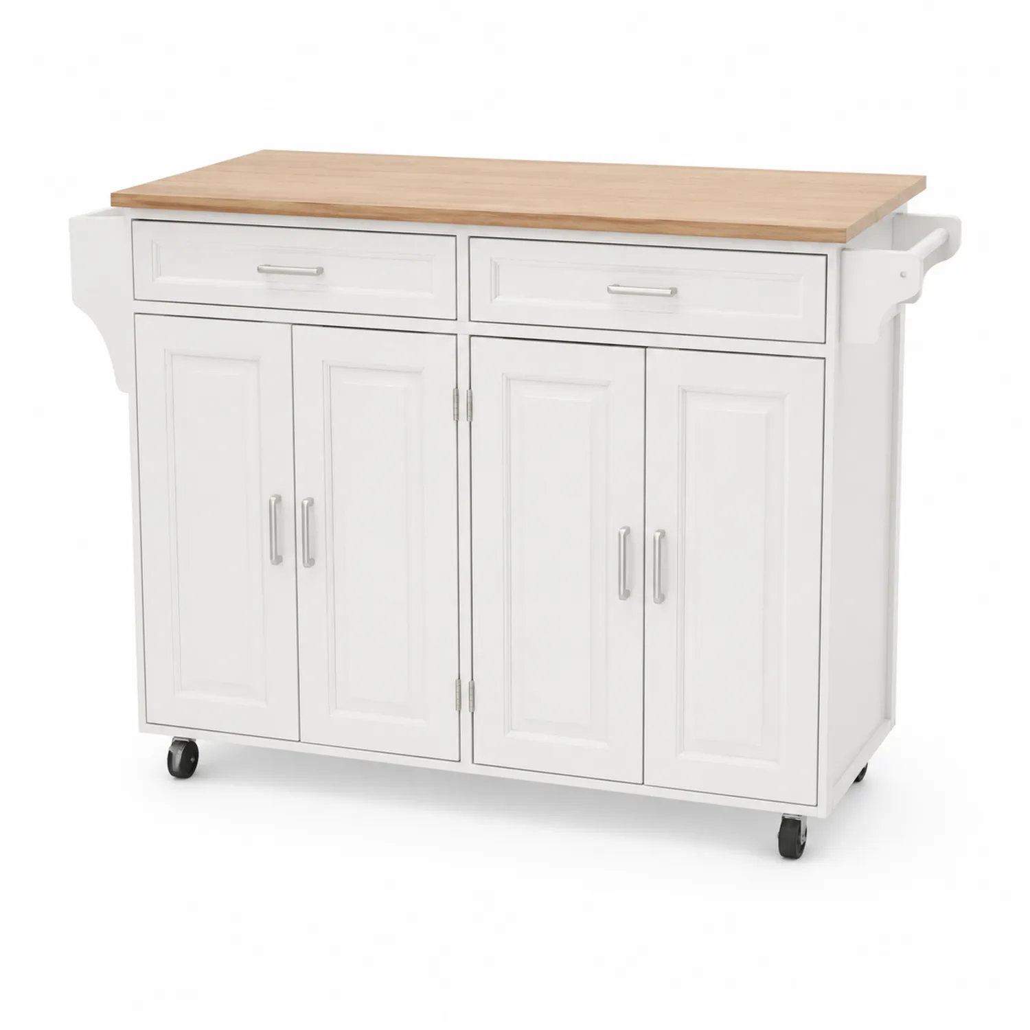 Carrello da Cucina con Top in Legno di Faggio e Struttura Bianca con Ruote