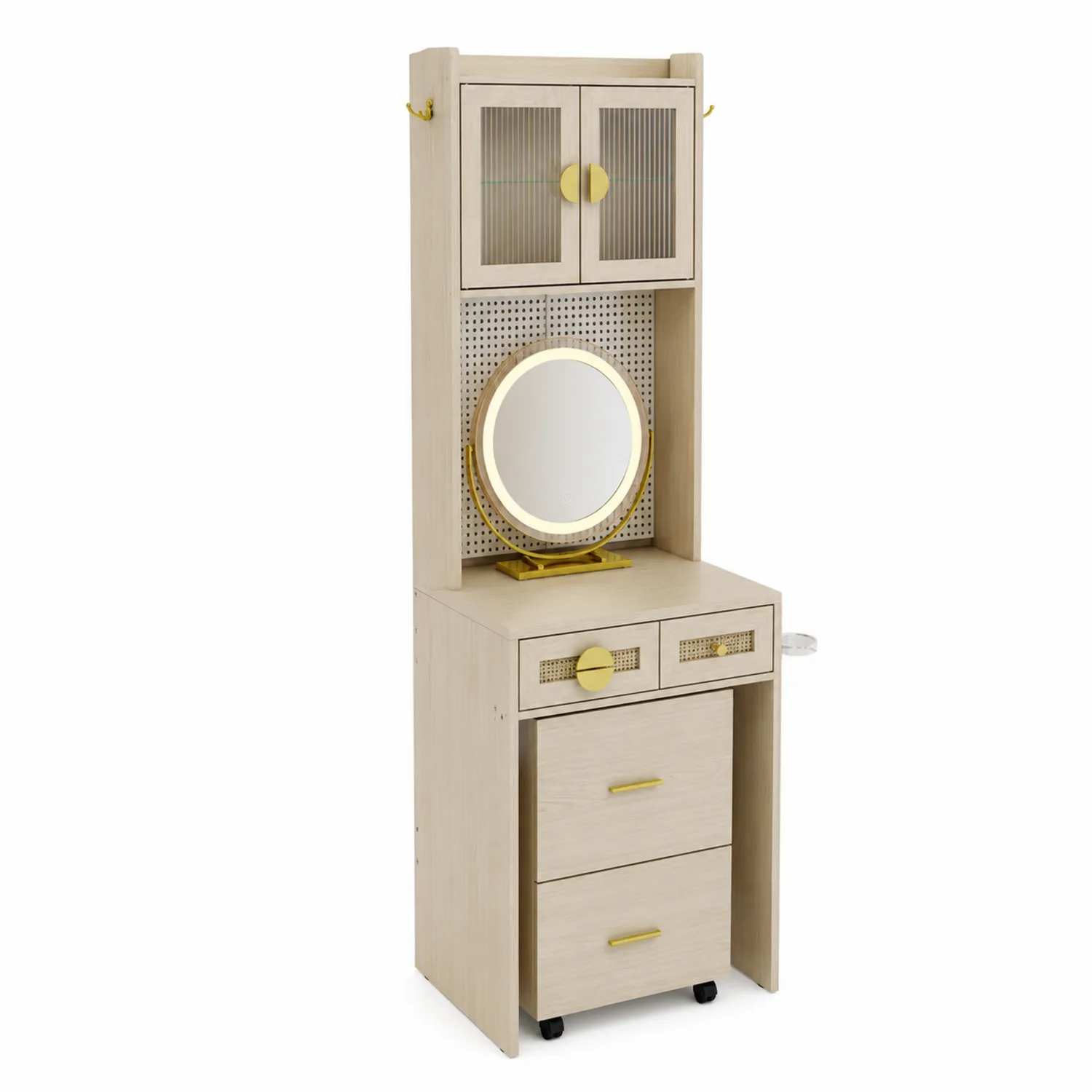 Tavolo da Trucco in Legno MDF con Specchio Rotondo e Armadietto