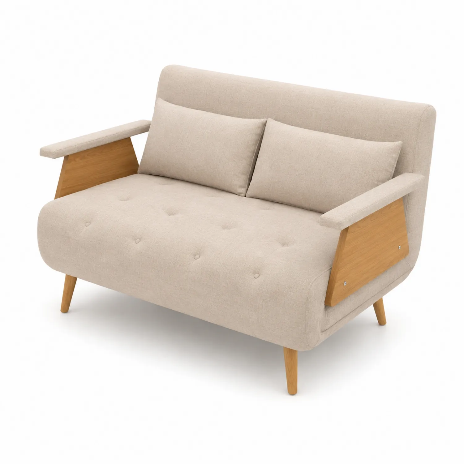 Divano in tessuto beige con braccioli in legno