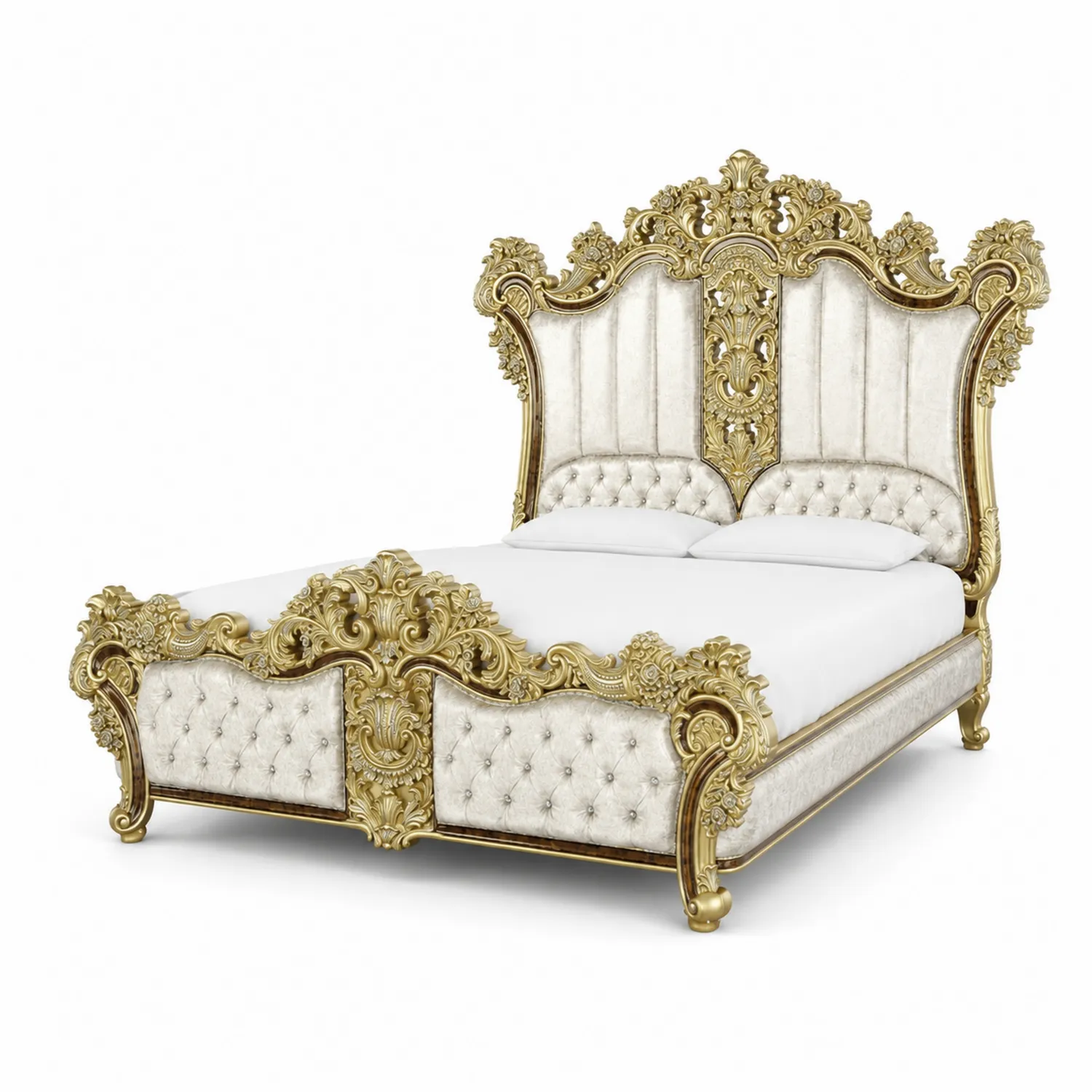 Letto matrimoniale in legno con dettagli dorati e rivestimento in velluto