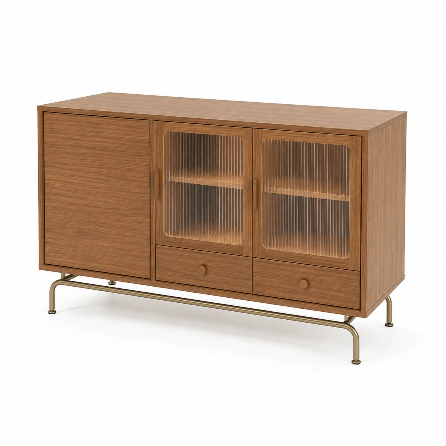 Credenza in Legno di Noce con Ante in Vetro Scanato e Gambe in Metallo Marrone