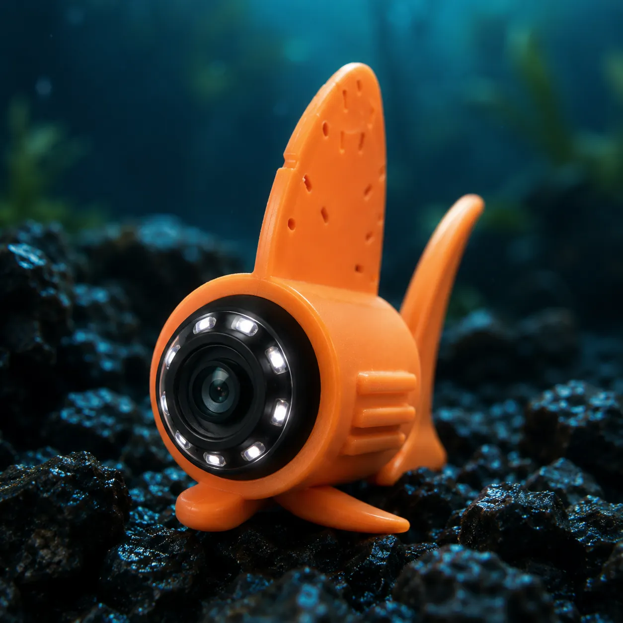 Orange underwater camera probe with wide-angle lens
