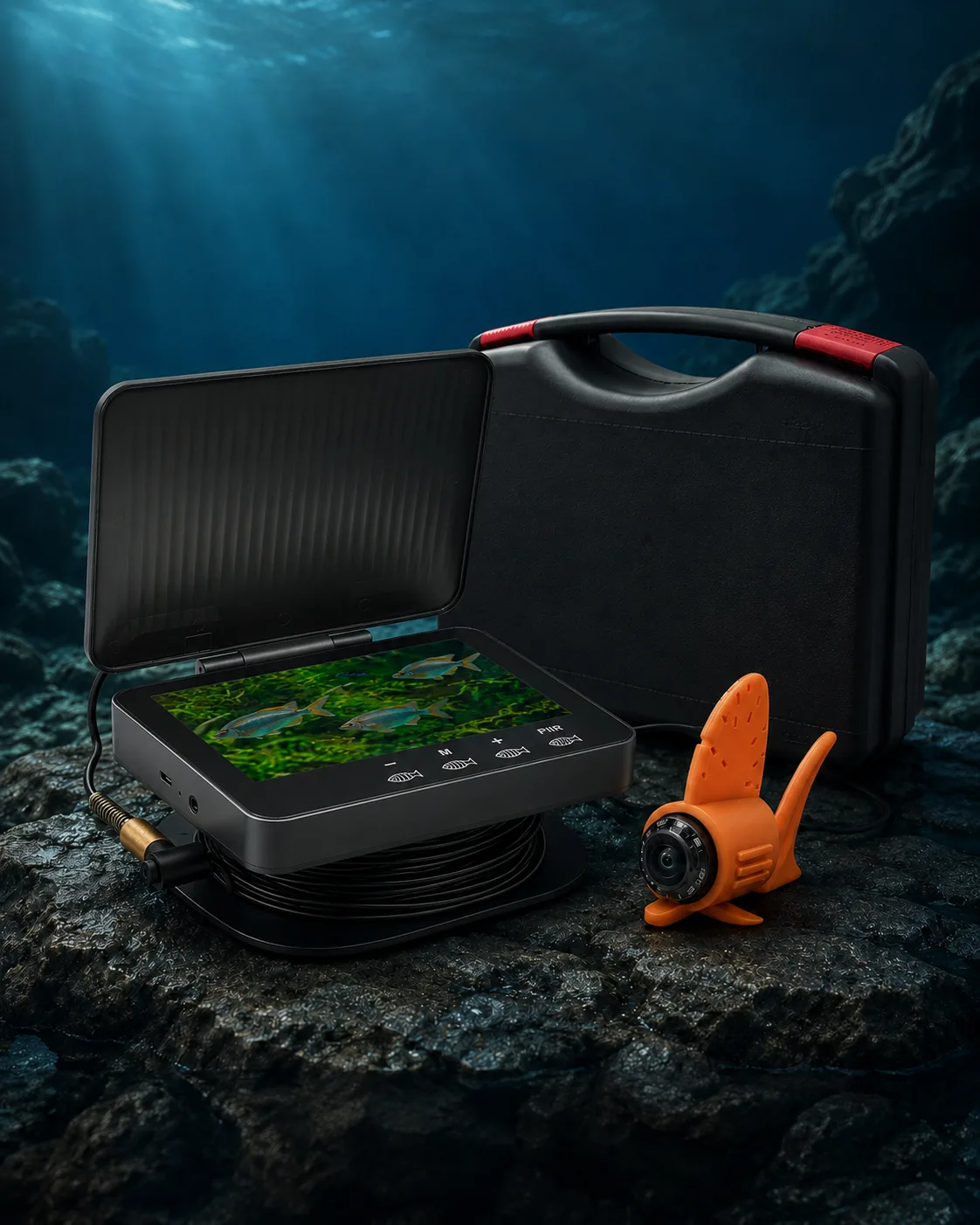 Complete underwater fishing camera kit with monitor, carry case, cable spool, and camera