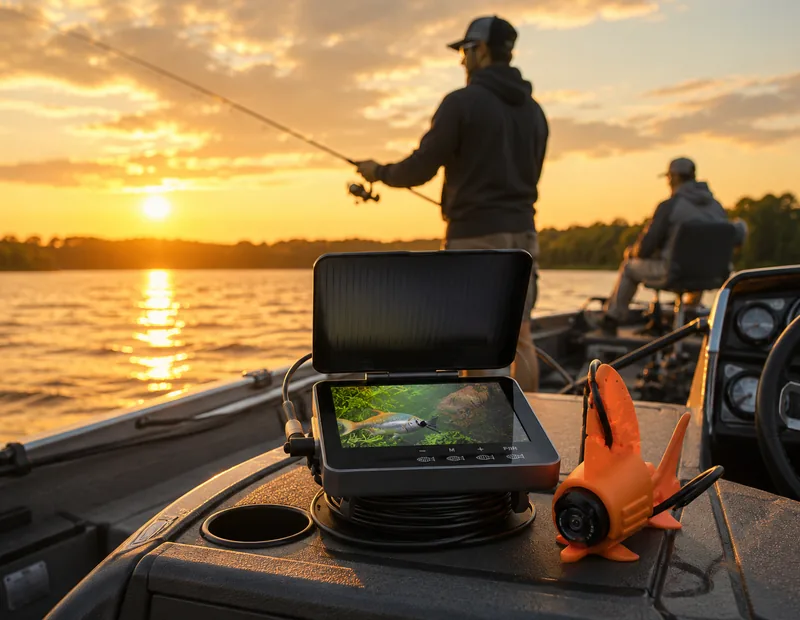 Boat fishing at sunset with portable underwater fish finder