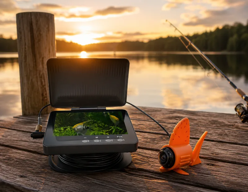 Dock fishing scene with fish finder on wooden dock