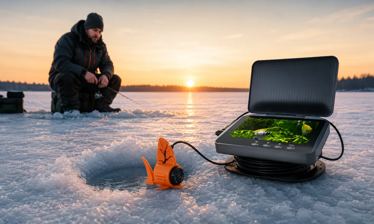 Ice fishing with underwater fish finder camera on frozen lake