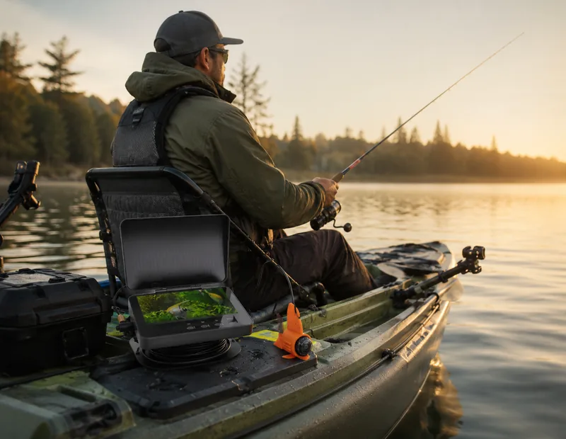 Kayak fishing with portable underwater fish finder on kayak