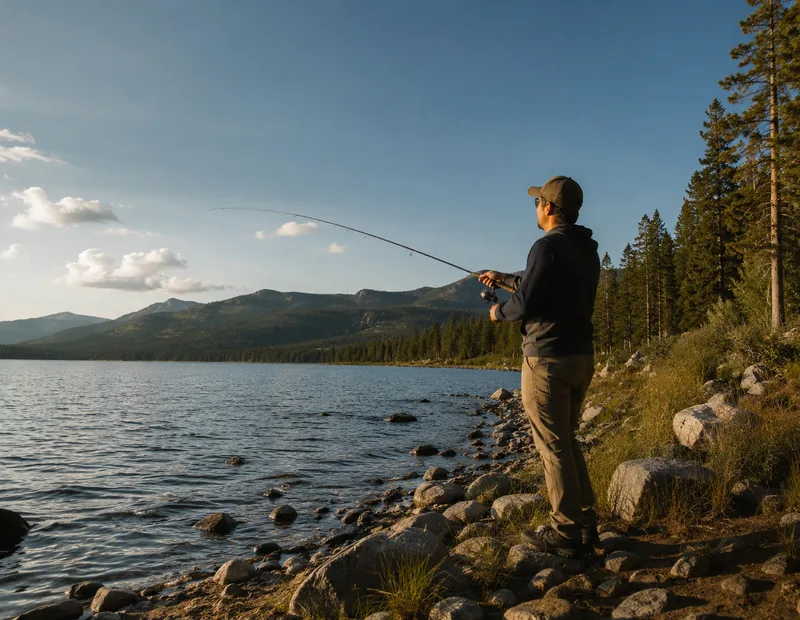 Shore fishing by a lake with forest and mountains