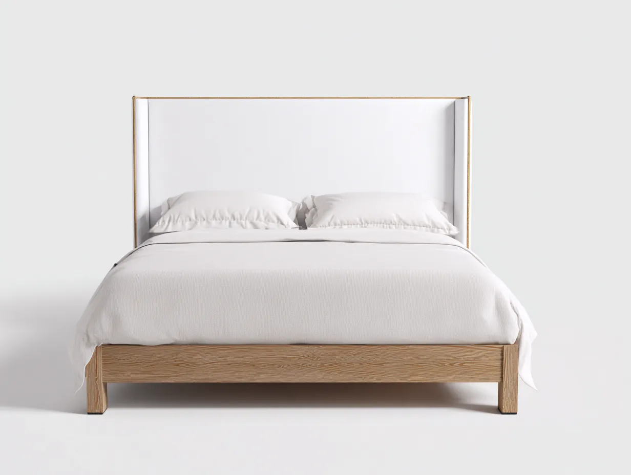 Lit double - Tissu-Bois - 220 x 192 x 132 cm - Blanc cassé - Style hôtelier-Loftmyly