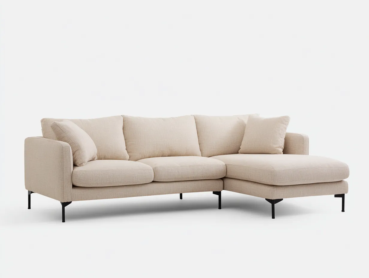 Canapé d'angle - Tissu lin-Métal-Bois-Mousse - 247 x 161 x 83 cm - Beige - Style contemporain léger-Loftmyly