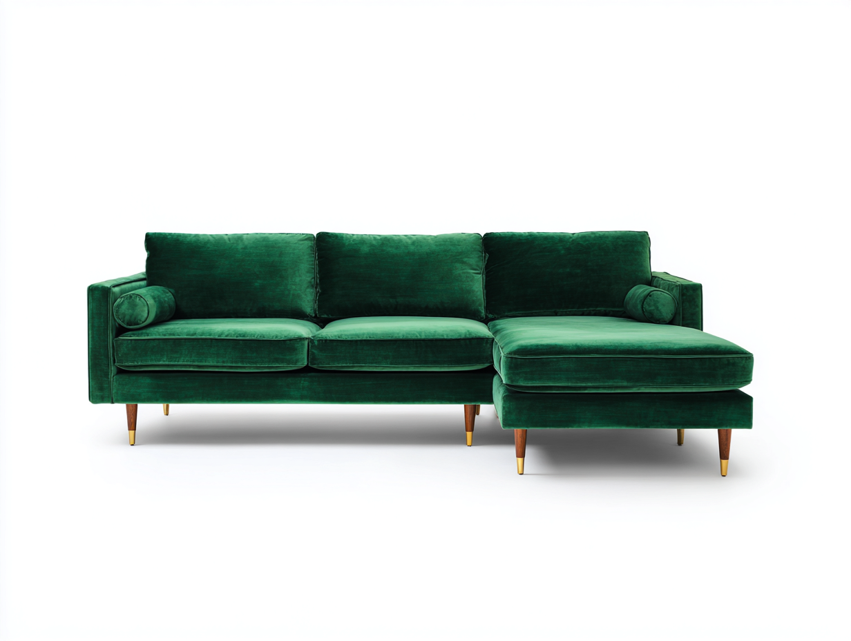 Canapé d'angle - Velours-Bois-Mousse-Métal - 232 x 151 x 85 cm - Vert émeraude - Style rétro chic-Loftmyly