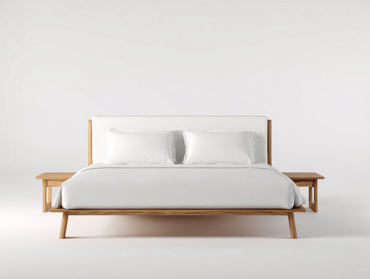 Lit double - Tissu-Bois - 248 x 206 x 98 cm - Blanc cassé - Style japonais-Loftmyly